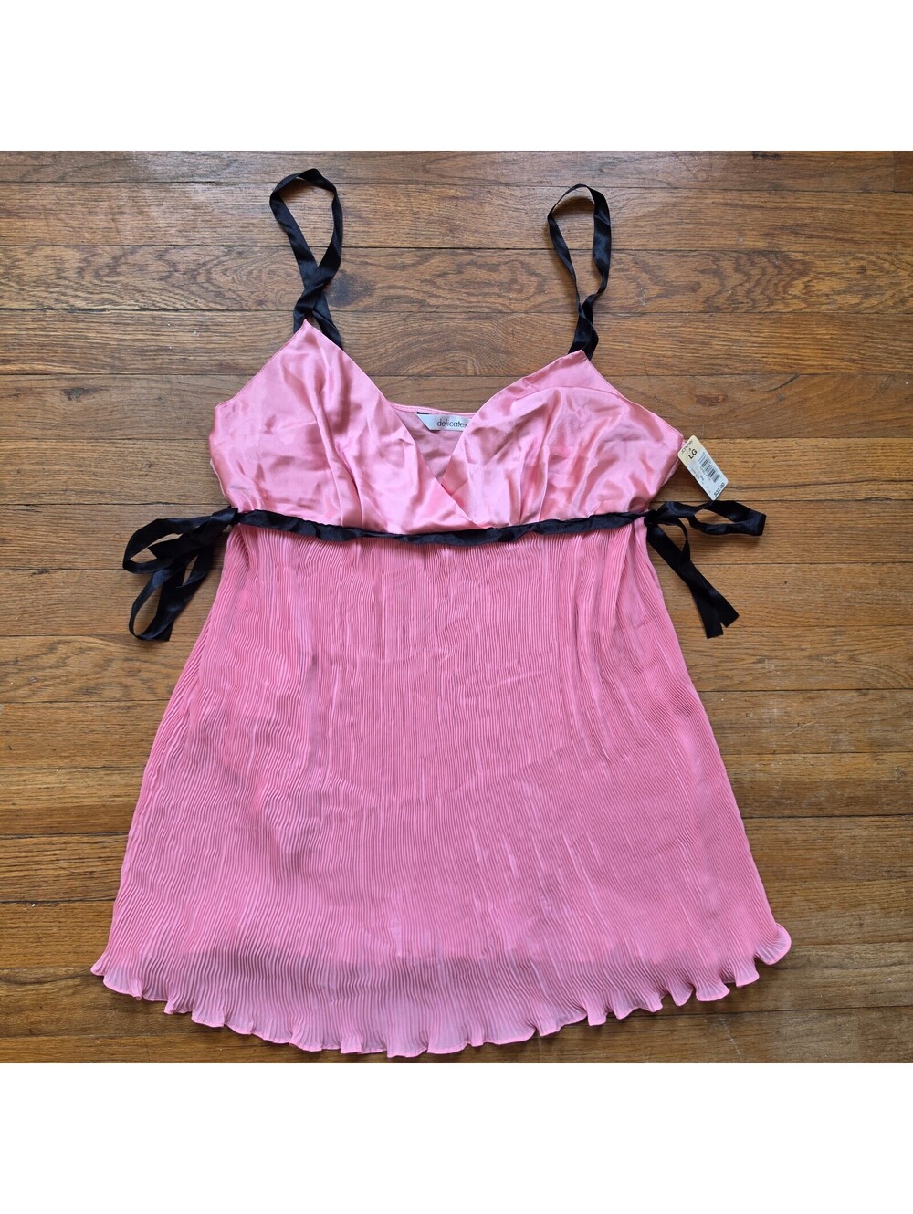 Delicates Pink and Black Satin Pleated Nightgown Lingerie Size L